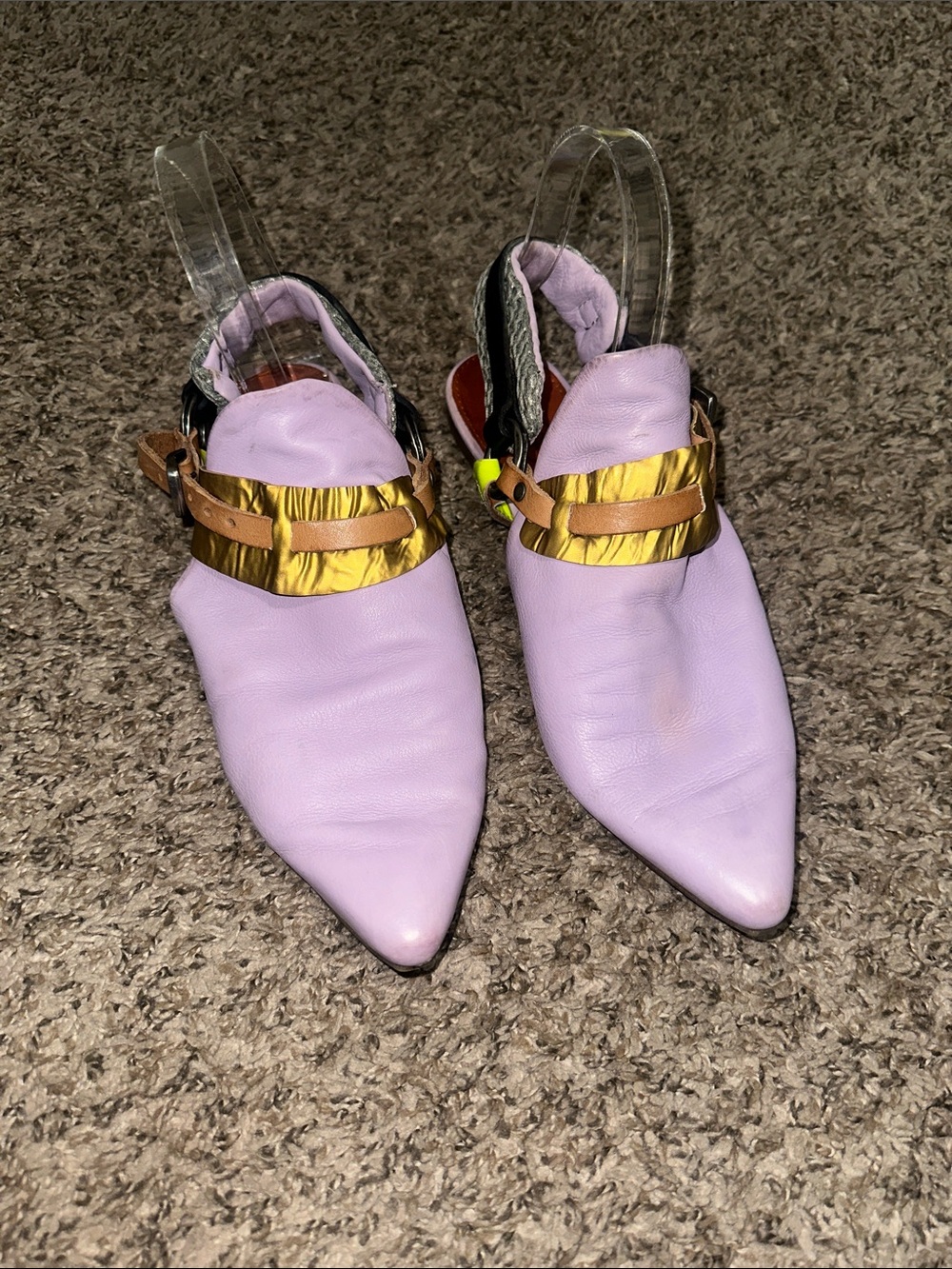 A.S.98 Leather Lavender Pointed Slingback Mules with Gold Band and Tan Strap
